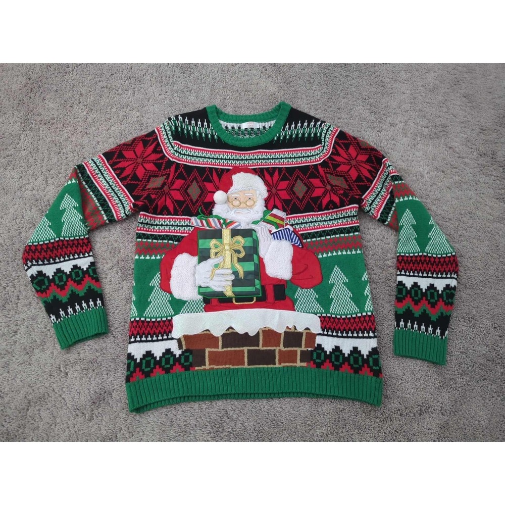 Holiday Time Ugly Sweater Womens‎ L 42-44 Santa In A Chimney Holiday Christmas